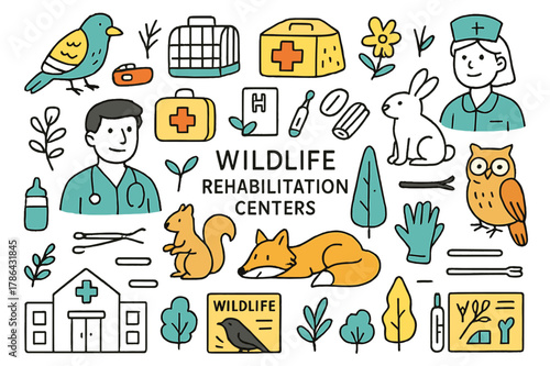Wildlife Rescue Doodle. Wildlife rehabilitation centers. Hand-drawn doodle illustration veterinarian (colored), injured bird (colored), animal cage (colored),