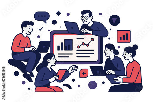 Interactive Team Workspace. Online Collaboration Hub. Teams interact on laptops and tablets around a central