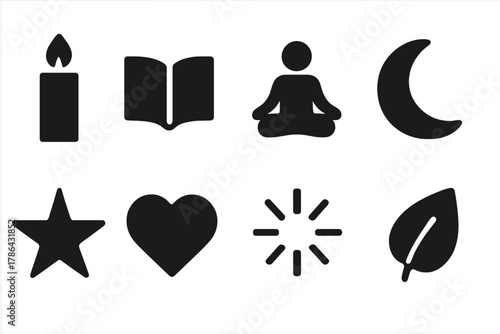 Meditation Icon Set. Spiritual reflection. Filled icon set of spiritual reflection: candle, open book, person