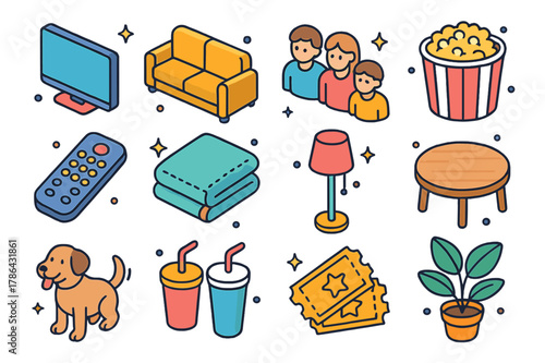 Cinematic Home Icons. Watching a film. Colorful isometric vector icons set of watching a film: TV, sofa, family, popcorn bowl, remote control, blanket, floor