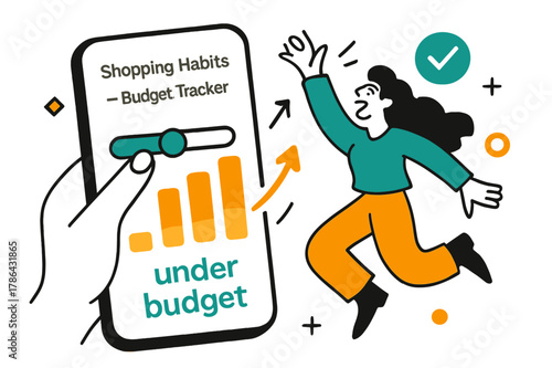 Budget Tracker Interface. Shopping Habits ? Budget Tracker. Hands adjust a tidy slider on a phone; bars rise and settle with a soft glow. Caption ?under