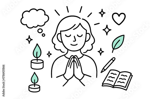 Inner Reflection Doodle. // Inner reflection. Hand-drawn doodle illustration Inner reflection [hands clasped (accented), closed eyes (accented), candle flame