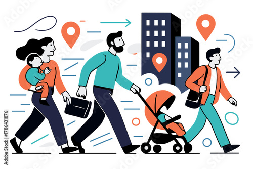 Urban Relocation Scene. City newcomers. Families and young professionals walking along urban streets toward