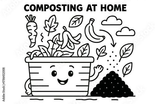 Kids Composting Fun. Composting at home children?s coloring book illustration, outlined drawing, friendly