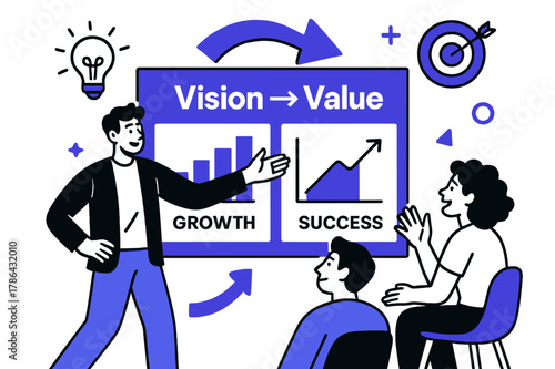 Dynamic Business Presentation. Developing a Business Pitch Deck. A presenter gestures toward clean slides featuring graphs and key phrases; a large title reads
