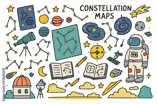 Vibrant Constellation Exploration. Constellation maps. Hand-drawn doodle illustration constellations (colored), stars (colored), planets (colored), moon