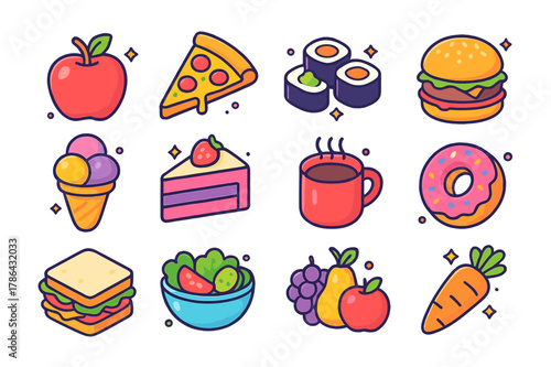 Colorful Food Icons. Food. Colorful isometric vector icons set of Food: apple, pizza, sushi, burger, ice cream, cake, coffee, donut, sandwich, salad, fruit,