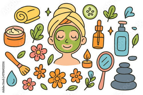 Colorful Facial Spa Doodles. facial spa. Colorful Hand-drawn doodle Children illustration facial spa face mask, cucumber slices, headband, towel, cream jar,
