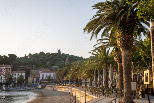 Fototapeta Naklejka Na Ścianę i Meble -  Morning view of colourful Collioure, narrow streets and yellow, pink, orange houses, summer vacation destination town with historical buidings and beaches, Pyrenees-Orientales, France