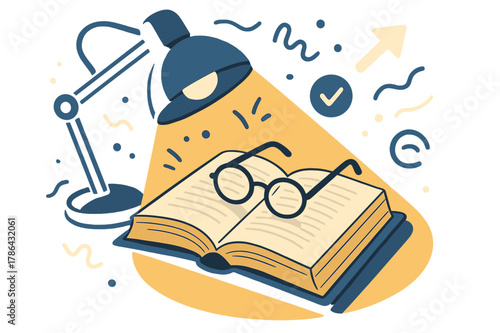 Antique Book Nook. Antique Books ? Study Lamp. Warm light spills over a thick tome; spectacles rest neatly on a half-open chapter. Shadow forms a perfect oval