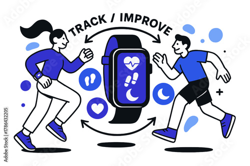 Wearable Health Tech. Healthcare Tech ? Wearable Devices. A wristband and smartwatch display health icons?heart rate, steps, sleep. Arrows circle around