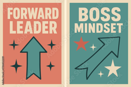Retro Motivational Banners. Forward leader. Two vertical A6 banners with safe margins, centered composition, no elements touching edges, retro, pink and teal,