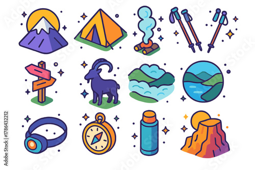 Mountain Sunrise Icons. mountain sunrise. Colorful isometric vector icons set of mountain sunrise: snow peak, camping tent, campfire smoke, trekking poles,