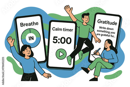 Stress Relief Apps. Stress relief apps. Floating mobile screens show breathing animations, calm timers, and