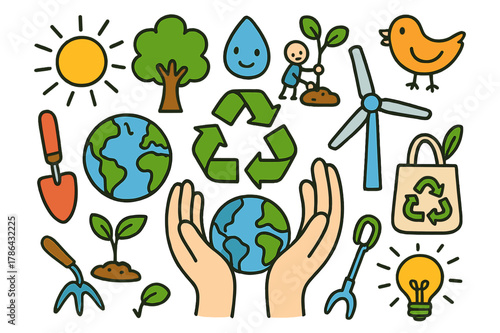 Children's Eco Icons. Protecting the planet. Colorful Hand-drawn doodle Children illustration Protecting the planet tree, recycle symbol, globe, windmill,