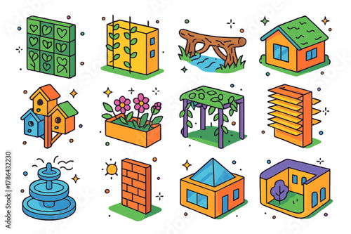 Colorful Bioarchitecture Icons. bio-architecture elements. Colorful isometric vector icons set of bio-architecture elements: living wall, green facade cables,