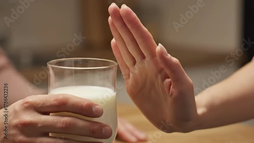 Woman refusing a glass of milk showing a stop gesture due to lactose intolerance or dairy allergy.