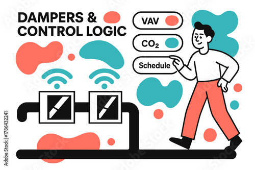 Dynamic Damper Display. Dampers & Control Logic. Blade symbols rotate to half-open as sensor icons ping along the run. Floating UI tabs read ?VAV,? ?CO2,? and