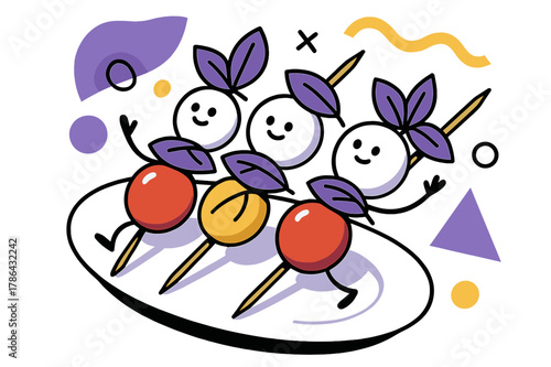 Caprese Geometric Delight. Caprese Skewers. Skewers arranged on a platter with cherry tomatoes, mozzarella, basil, and floating abstract geometric shapes,