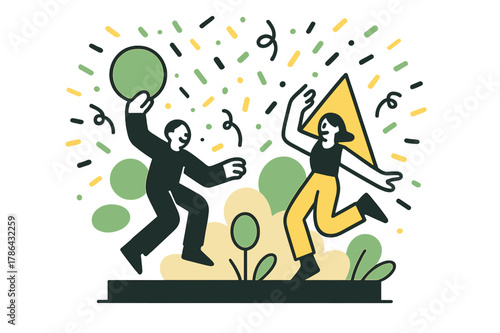 Confetti Festivity Scene. Confetti Explosion. Colorful confetti raining over a stage with floating abstract geometric shapes and soft highlights, festive and