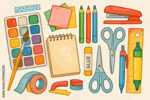 Creative Art Supplies. Watercolor. Hand-drawn doodle illustration Watercolor, colored paintbrush, accented watercolor palette, colored paper, sketchbook,