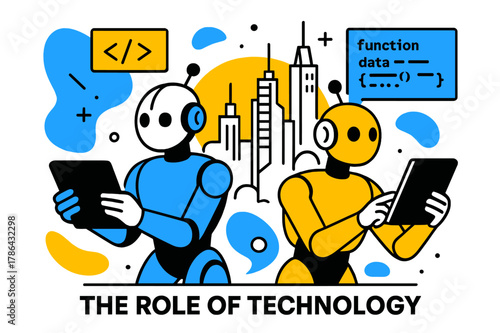 Futuristic Tech Symphony. The role of technology, robots holding tablets, futuristic cityscape in background, Code snippets floating in air. Modern flat-line