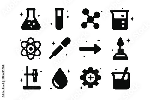 Laboratory Synthesis Icons. Lab Synthesis. Solid icons set of Lab Synthesis: flask, test tube, molecule, beaker, atom, pipette, reaction arrow, Bunsen burner,