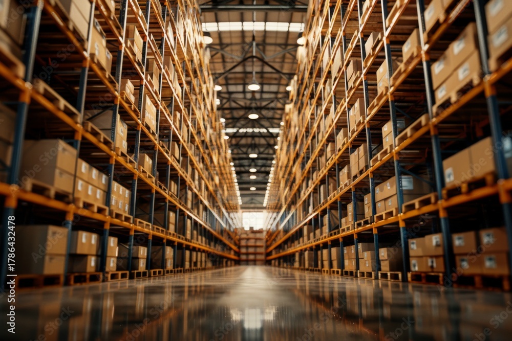 Fototapeta premium Warehouse interior with stacked boxes and shelves
