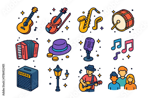 Colorful Busking Icons. Busking. Colorful isometric vector icons set of busking: guitar, violin, saxophone, drum, accordion, hat for tips, microphone, music