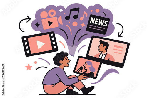 Digital Content Immersion. Streaming takeover. A person watching multiple digital screens?film, news,