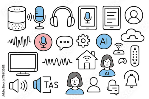 Voice Tech Doodle. Interactive voice tech. Hand-drawn doodle illustration smart speaker (colored), microphone (colored), headphones (colored), smartphone