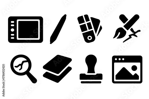 Digital Art Tools. Digital art restoration tools. Filled icon set of digital art restoration tools: graphic