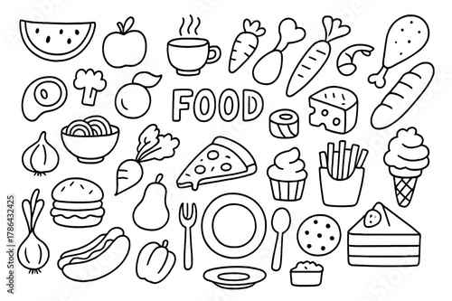 Food Doodle Icons. Food. Hand-drawn doodle illustration acquiring knowledge fruits, vegetables, meats, bread, pasta, sushi, pizza, burgers, fries, ice cream,