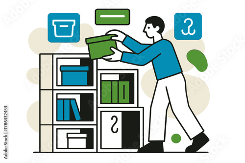 Efficient Storage Solutions. Multi-purpose storage. A person placing items into modular shelving units with