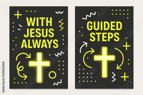 Christ's Guided Path. Journey with Christ. Two vertical A6 banners with safe margins, centered composition, no elements touching edges, memphis, charcoal and
