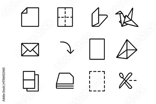 Paper Folding Icons. Paper Folding. Line icon set of Paper Folding: folded paper, crease lines, corner fold, origami shape, envelope fold, fold arrow, unfolded