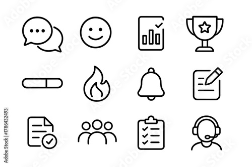 Student Engagement Icons. Student engagement. Line icon set of student engagement: discussion thread, reaction emoji, poll, gamification trophy, progress bar,