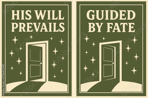 Destiny Banners Design. Destiny. Two vertical A6 banners with safe margins, centered composition, no elements touching edges, retro, olive green and cream,