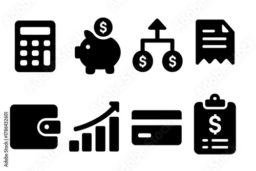 Financial Icon Set. Financial management. Filled icon set of financial management: calculator, piggy bank,