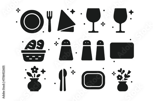 Elegant Dinner Icons. Dinner Setup. Solid icons set of Dinner Setup: plate, fork, knife, spoon, napkin, wine glass, water glass, bread basket, salt shaker,