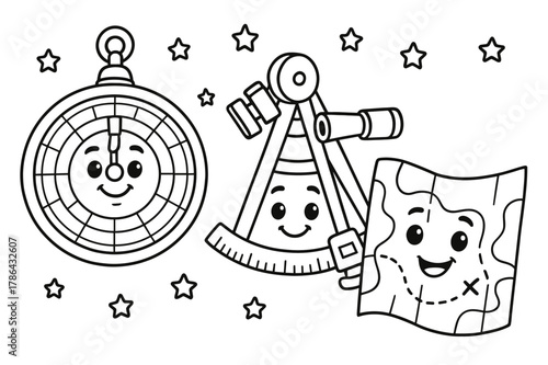 Historic Navigation Tools. Navigation tools of the past children?s coloring book illustration, outlined drawing, friendly cartoon versions of an astrolabe,