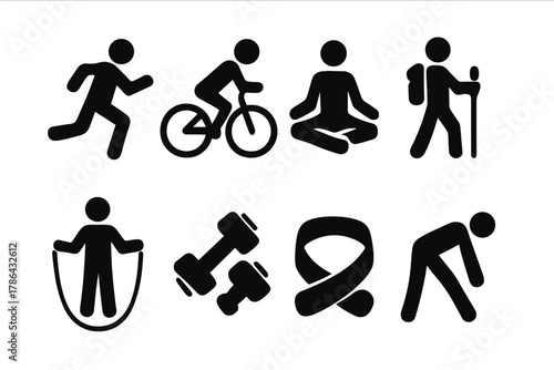 Outdoor Sports Icons. Outdoor Sports. Filled icon set of Outdoor Sports: running, cycling, yoga, hiking, jump