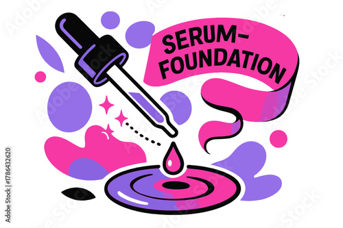 Elegant Dropper Illustration. Dropper Bottle Concept. A glass pipette releases a precise drop that blooms into a silky puddle; ?Serum-Foundation? floats like a