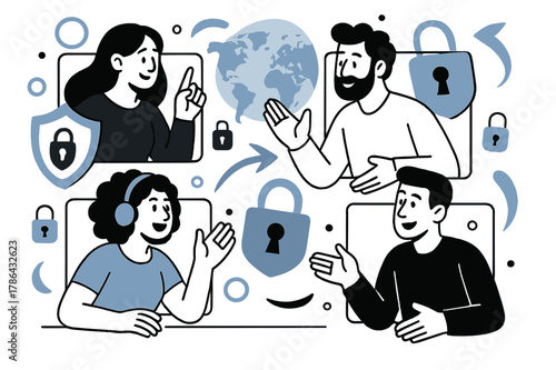 Global Data Compliance. Online privacy laws and their global implications. Team video conferencing on international data policies with abstract floating locks,