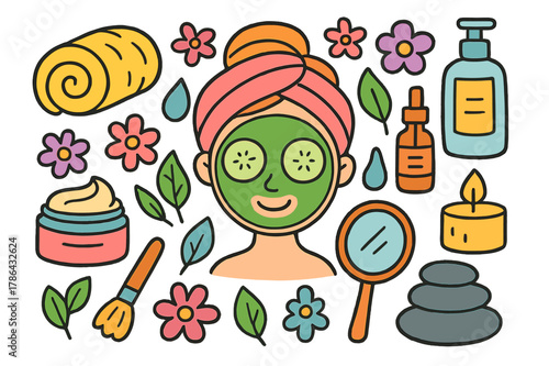 Colorful Facial Spa Doodles. facial spa. Colorful Hand-drawn doodle Children illustration facial spa face mask, cucumber slices, headband, towel, cream jar,