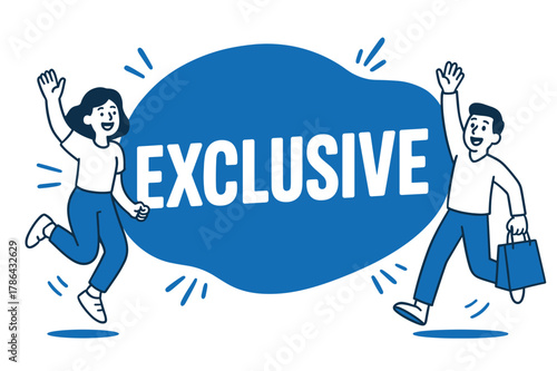 Exclusive Shopping Excitement. EXCLUSIVE banner, flat vector illustration, bold oversized text inside rounded blob, cartoon characters jumping and waving,