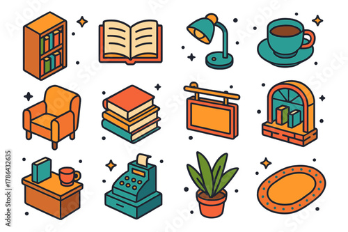 Charming Bookshop Icons. Charming bookshop. Colorful isometric vector icons set of charming bookshop: bookshelf, open book, reading lamp, coffee cup, armchair,