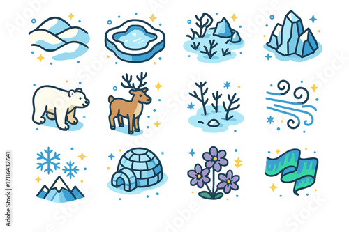 Frozen Tundra Icons. Frozen tundra. Colorful isometric vector icons set of frozen tundra: snow-covered hills, frozen lake, icy rocks, polar bear, reindeer,