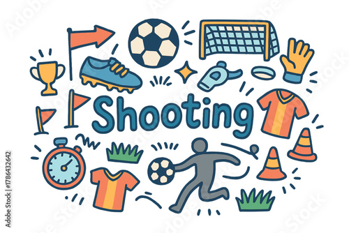 Soccer Shooting Doodle. Shooting. Hand-drawn doodle illustration of Shooting. Soccer ball, net, goalpost,
