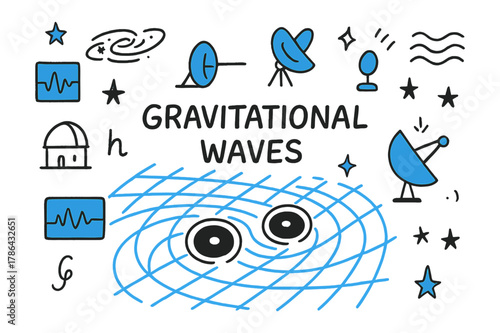 Gravitational Waves Sketch. // Gravitational waves. Hand-drawn doodle illustration Gravitational waves [curved grid (accented), two black holes (accented),